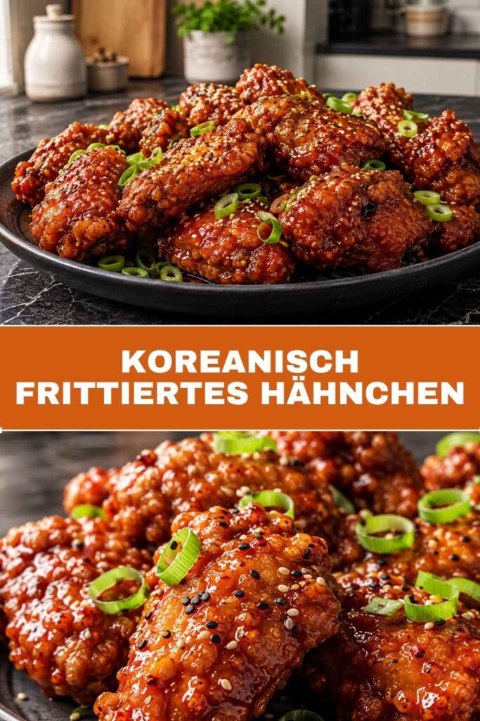 Koreanisch frittiertes Hähnchen Rezept zum Merken auf Pinterest, mit Weitwinkel- und Nahaufnahme kombiniert