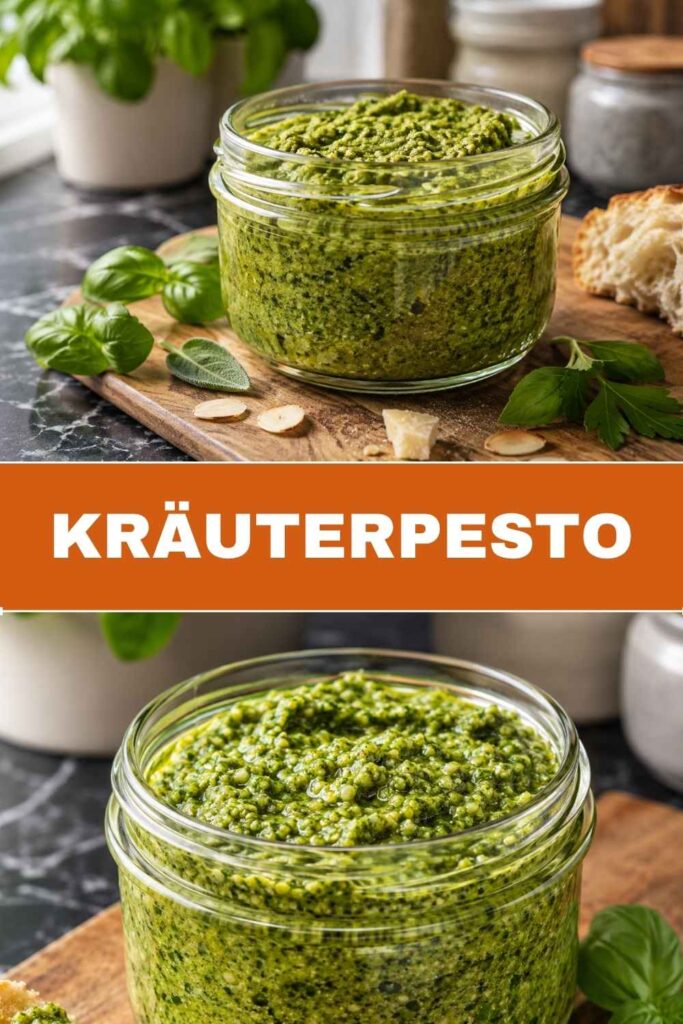 Pinterest-Pin für schnelles Kräuterpesto aus fünf Kräutern, cremig und in 10 Minuten fertig