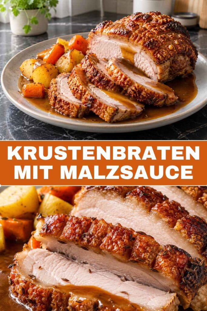 Krustenbraten mit Malzsauce, Pin mit ganzem Braten und Nahaufnahme der krossen Schwarte