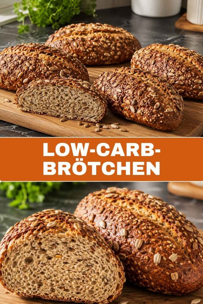 Low-Carb-Brötchen ohne Mehl, ganze und aufgeschnittene Ansicht, Pinterest-Pin