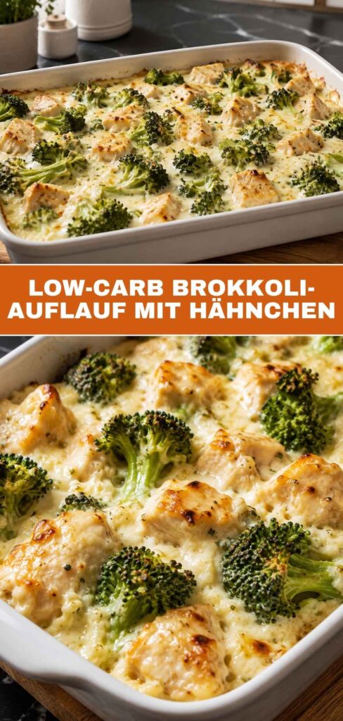 Low-Carb Brokkoli-Auflauf mit Hähnchen, Weitwinkel- und Nahaufnahme kombiniert für Pinterest