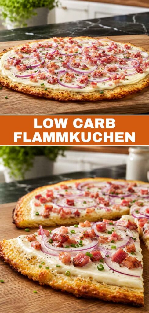 Low Carb Flammkuchen mit Blumenkohlboden, Weitwinkel- und Nahaufnahme kombiniert für Pinterest
