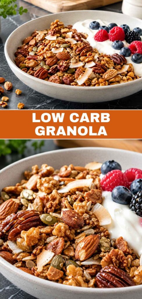 Low Carb Granola im Glas und in Nahaufnahme, Rezept zum Nachbacken