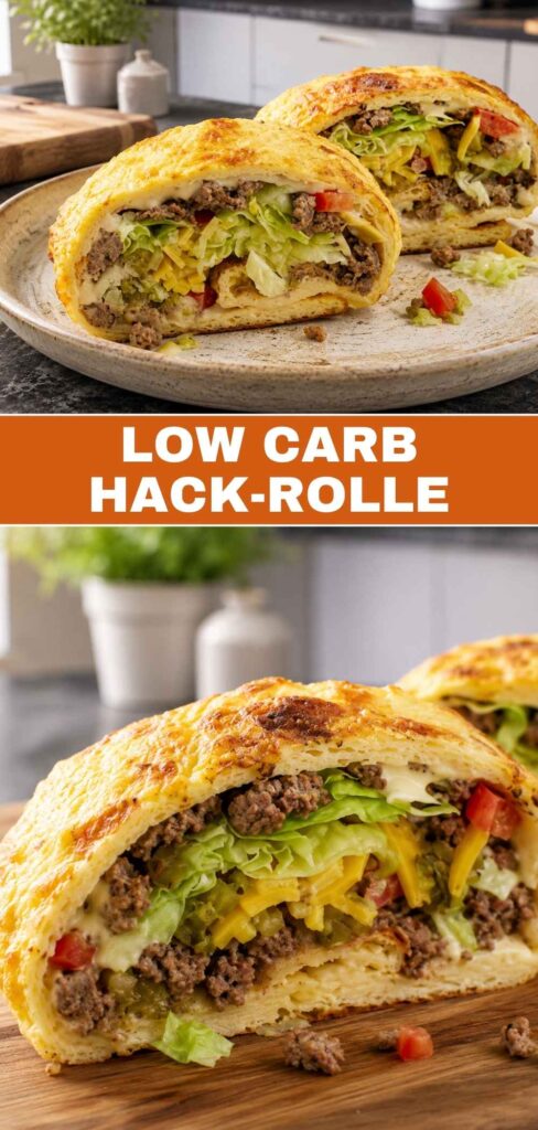 Low Carb Hack-Rolle ganz und aufgeschnitten, ideal zum Merken auf Pinterest