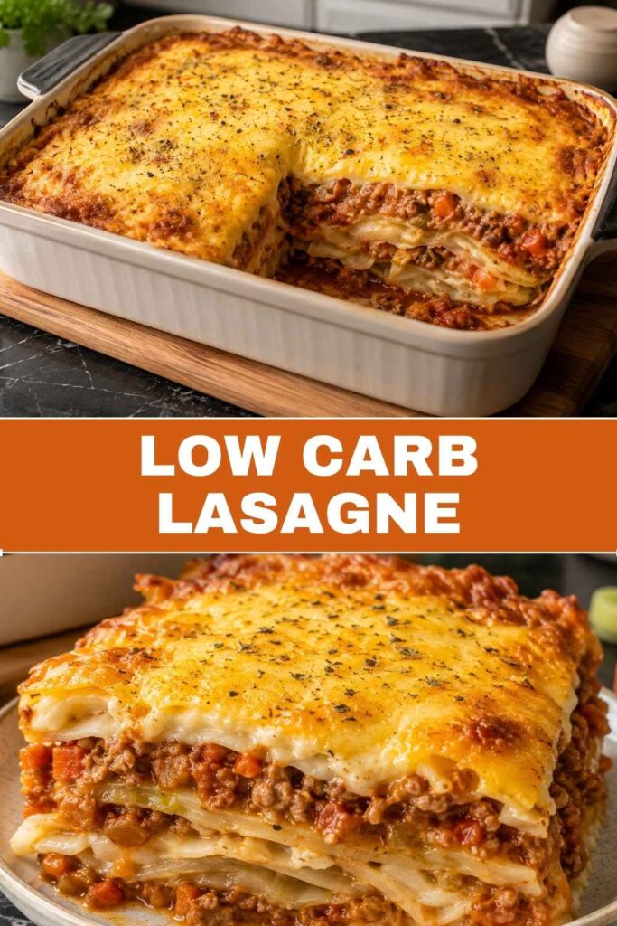 Pinterest-Grafik mit zwei Ansichten der Low Carb Lasagne mit Weißkohl und Hack