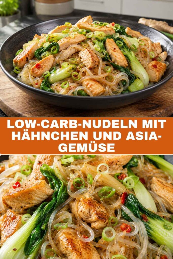 Low-Carb-Nudeln mit Hähnchen und Asia-Gemüse, Pin-Bild mit Weitwinkel und Nahaufnahme