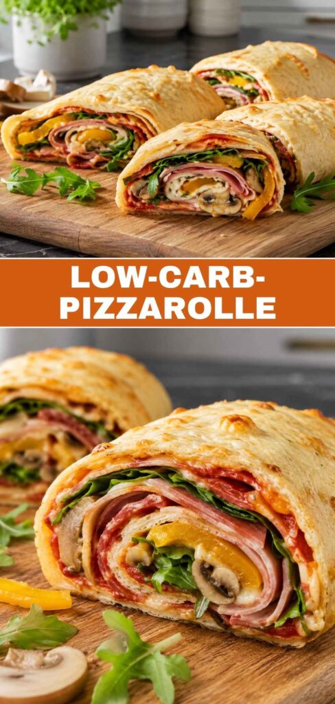 Low-Carb-Pizzarolle Weitwinkel und Nahaufnahme kombiniert für Pinterest