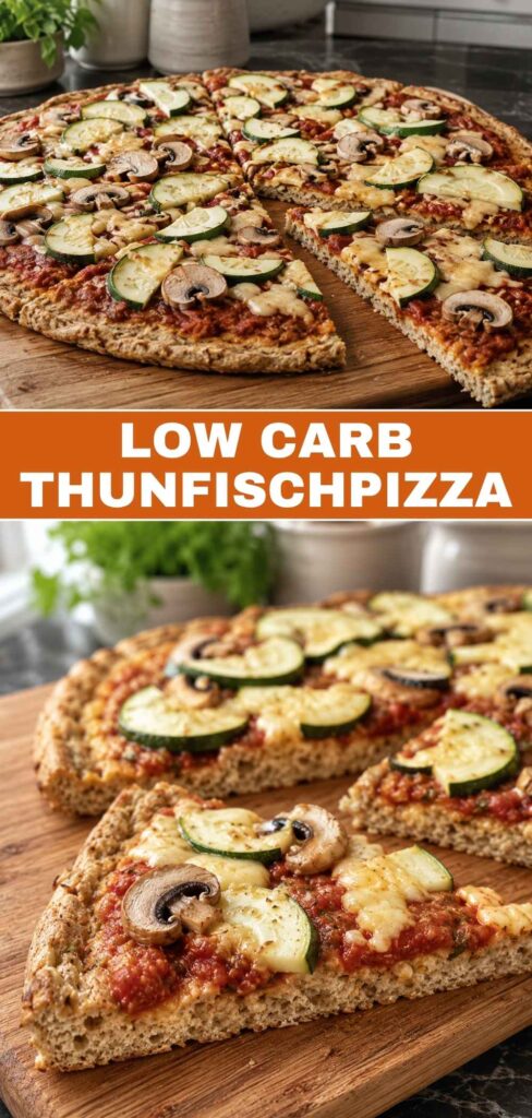 Low Carb Thunfischpizza ohne Teig, Weitwinkel- und Nahaufnahme kombiniert für Pinterest