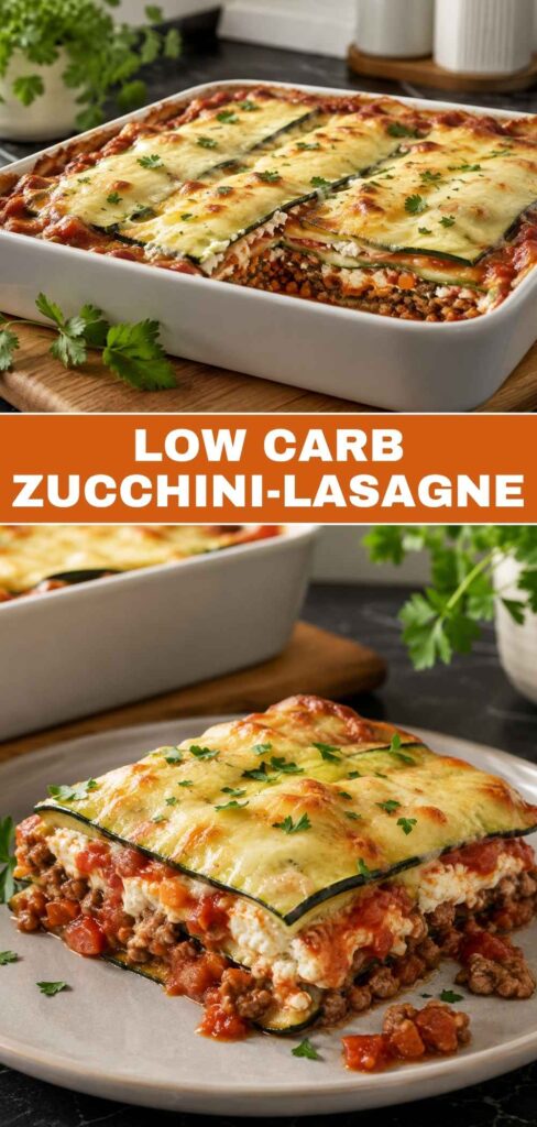 Pinterest Pin Low Carb Zucchini-Lasagne, Weitwinkelbild und Nahaufnahme kombiniert