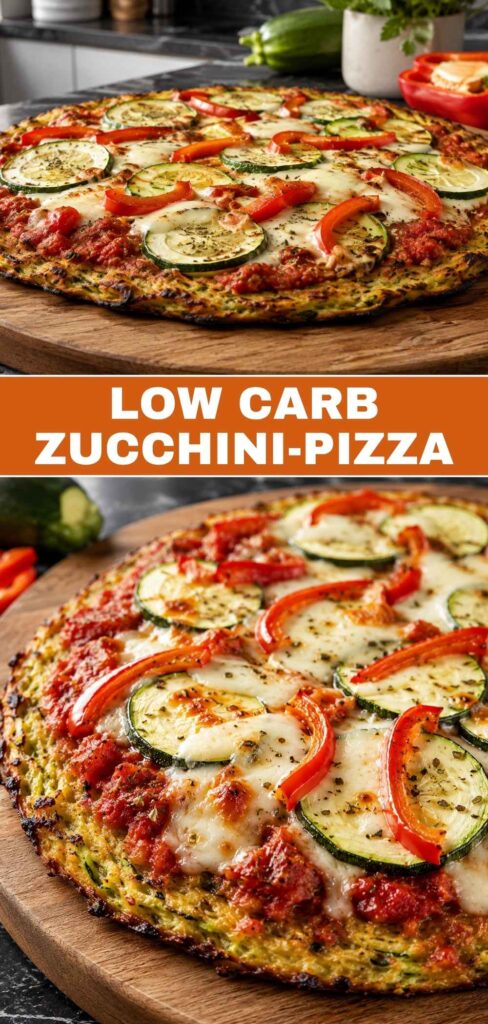 Low Carb Zucchini-Pizza Weitwinkel und Nahaufnahme kombiniert für Pinterest