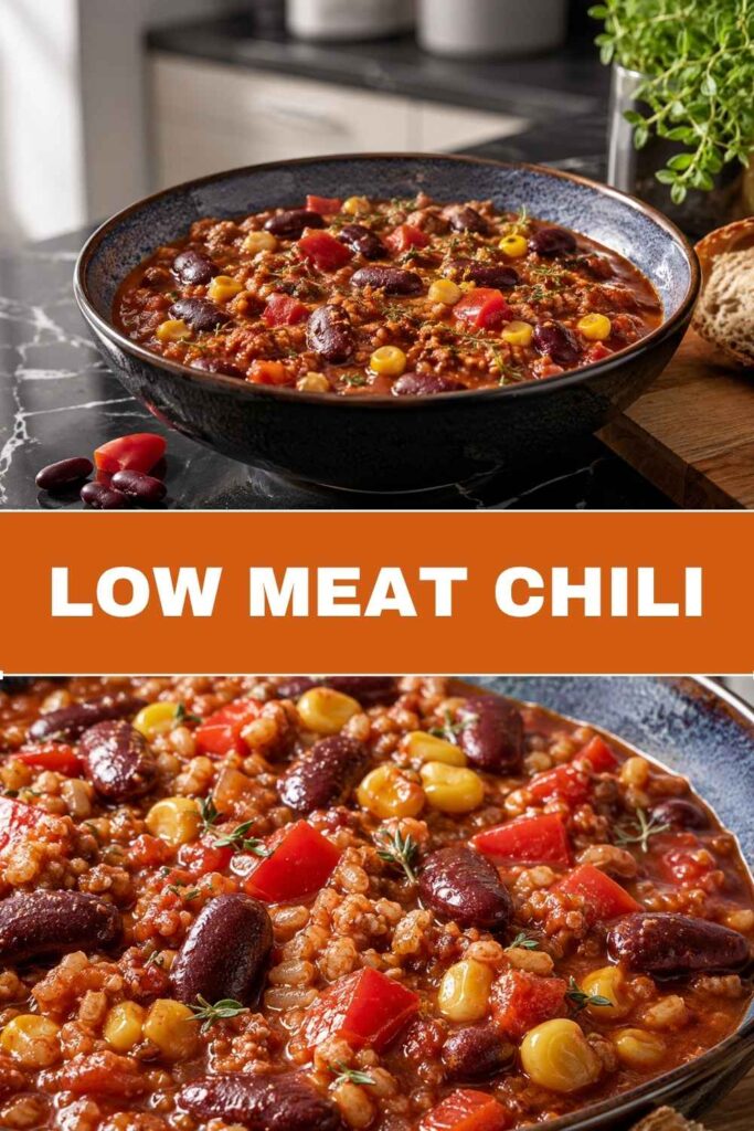 Low Meat Chili Rezept zum Pinnen, Topf und Schüssel im Vergleich