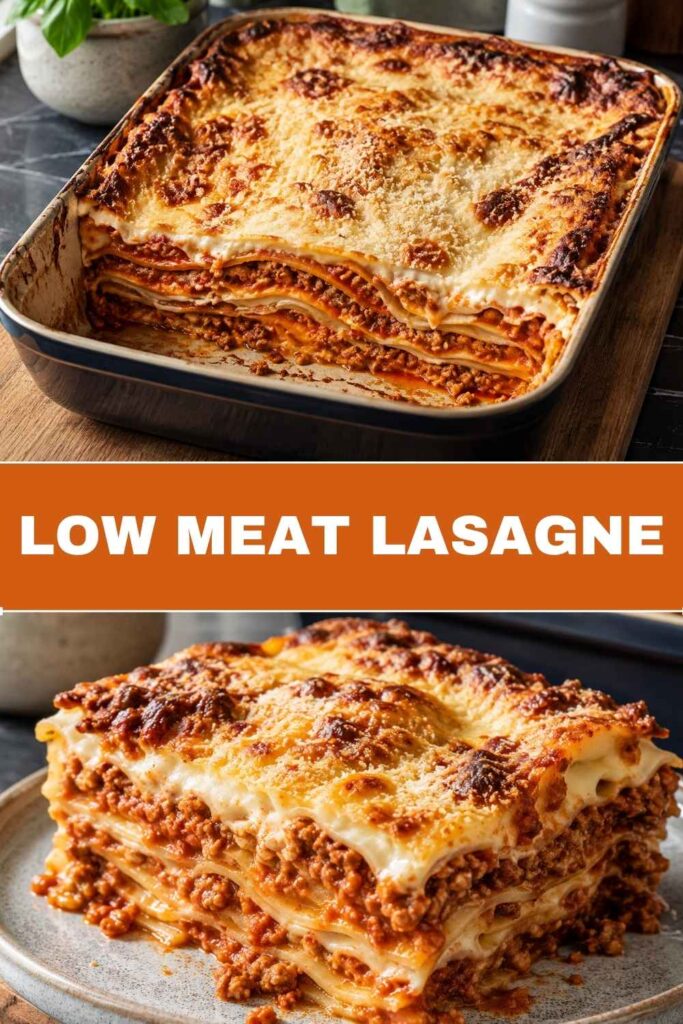 Pinterest-Pin für Low Meat Lasagne mit Möhren, Sellerie und Tofu, Weitwinkel- und Nahaufnahme kombiniert