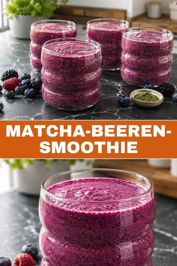 Pinnable Grafik mit Weitwinkel- und Nahaufnahme von Matcha-Beeren-Smoothie in Gläsern