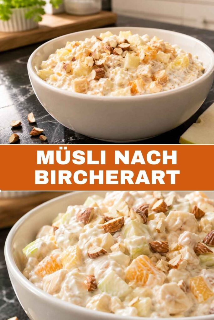 Pinterest Pin für Müsli nach Bircherart, blitzschnelles 10-Minuten-Frühstück