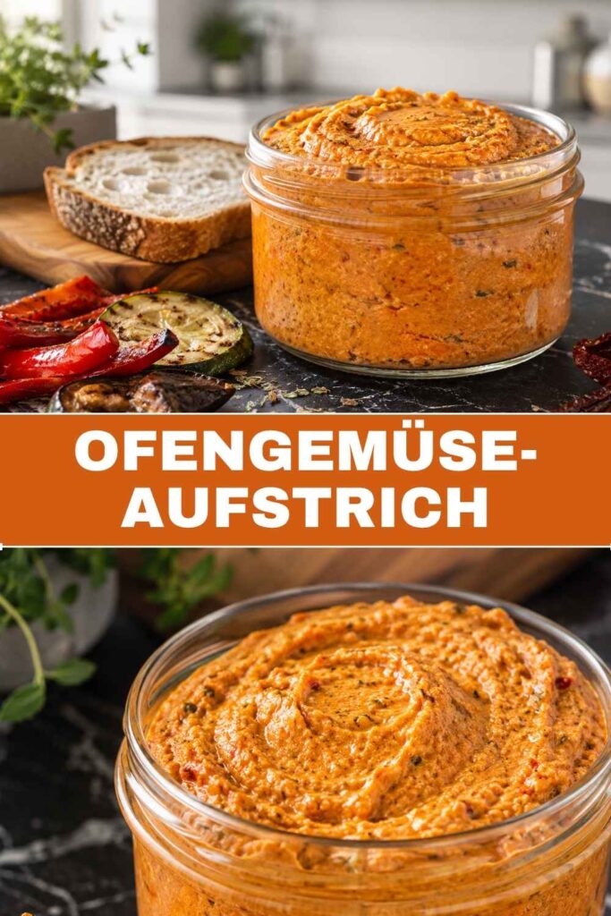 Ofengemüse-Aufstrich 4 Pinterest-Pin für Ofengemüse-Aufstrich Rezept mit Feta, fertig in 45 Minuten