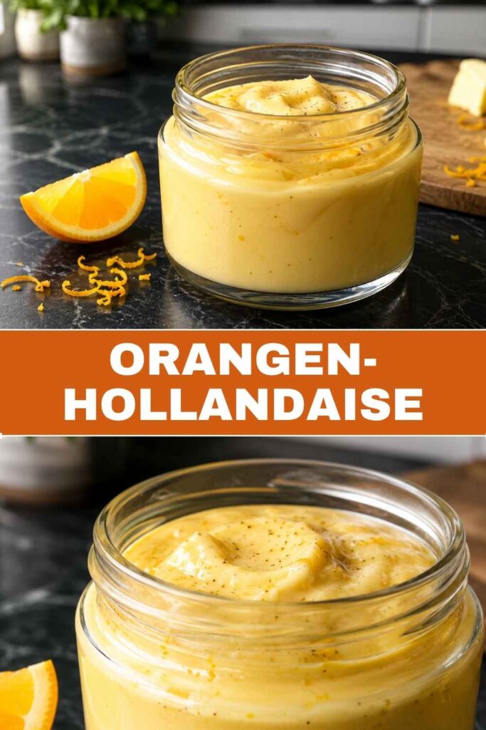 Orangen-Hollandaise Rezept in 15 Minuten – Pin-Grafik mit Spargel und Fisch