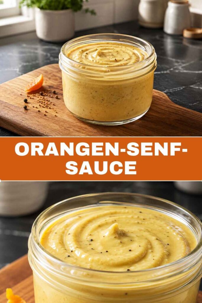 Orangen-Senf-Sauce Rezept in 5 Minuten, Pinterest-Pin mit Textoverlay