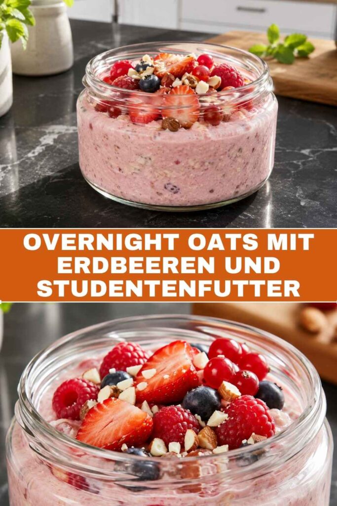 Pinnable Grafik zu Overnight Oats mit Erdbeeren und Studentenfutter
