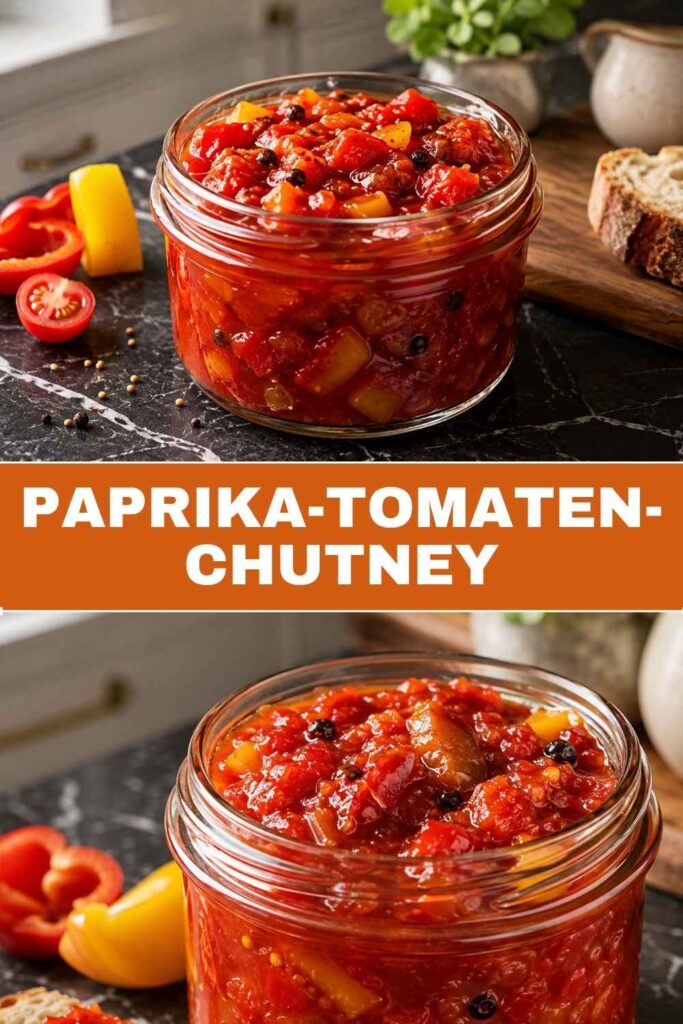 Pin-Bild mit Paprika-Tomaten-Chutney im Glas und auf Brot