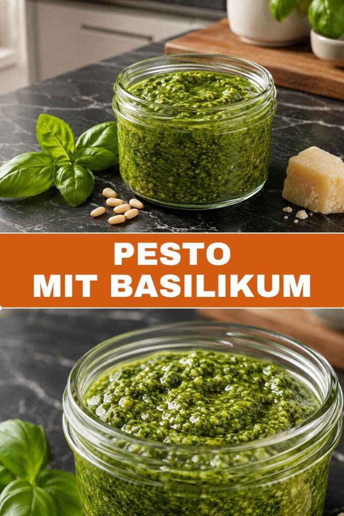 Pinterest-Pin für Pesto mit Basilikum, fertig in 5 Minuten