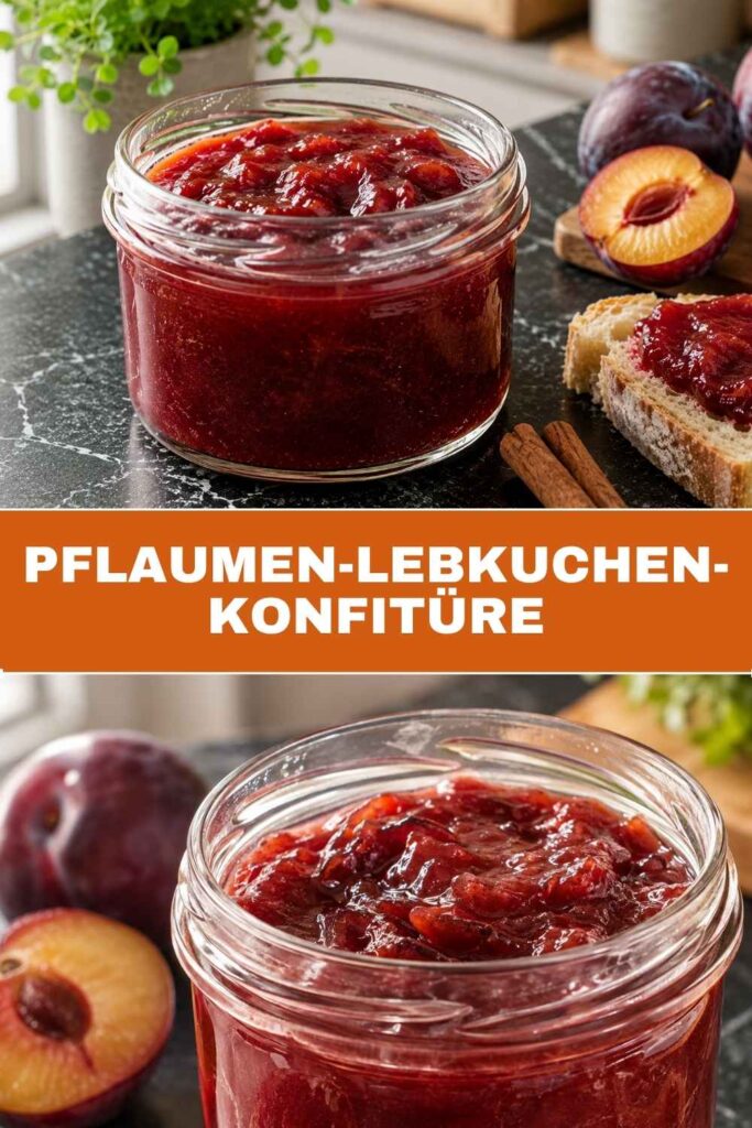 Pflaumen-Lebkuchen-Konfitüre 4 Pinterest-Pin für Pflaumen-Lebkuchen-Konfitüre mit Glas und Brötchen