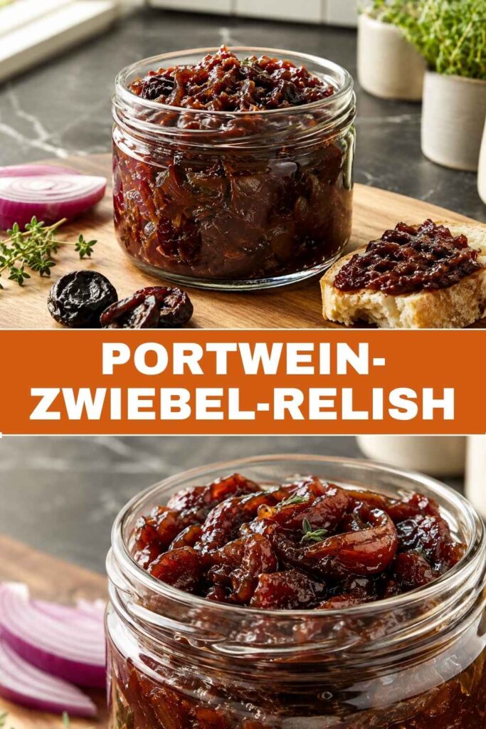 Portwein-Zwiebel-Relish im Glas neben Grillfleisch und Hartkäse, Rezept zum Selbermachen
