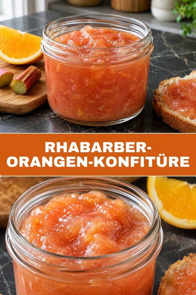 Rhabarber-Orangen-Konfitüre im Glas mit Text-Overlay für Pinterest
