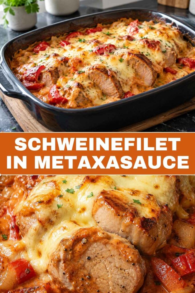 Pinnable Grafik zu Schweinefilet in Metaxasauce mit Rezepttitel