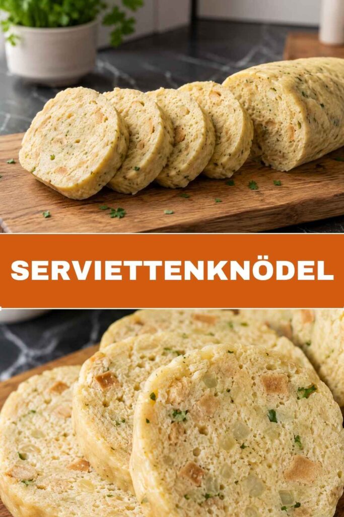 Serviettenknödel Rezept, Pin mit Weitwinkel- und Nahaufnahme-Ansicht der Knödelscheiben