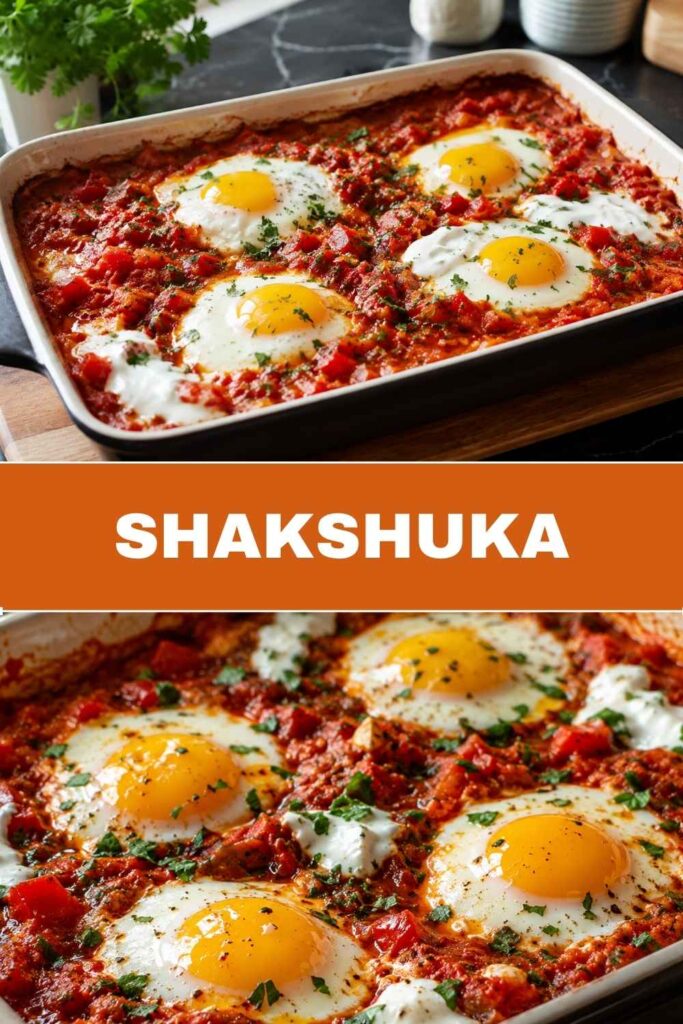 Shakshuka Rezept Pin mit Weitwinkelansicht und Nahaufnahme des würzigen Ei-Frühstücks