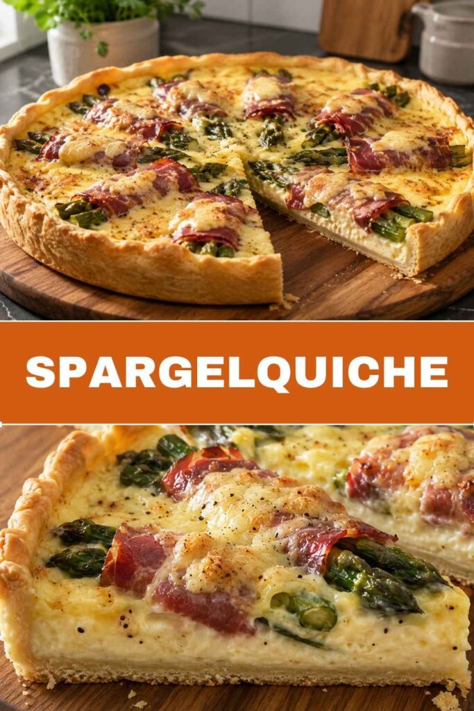 Spargelquiche mit Schinken und Emmentaler, Pin-Bild mit Nahaufnahme und ganzer Form