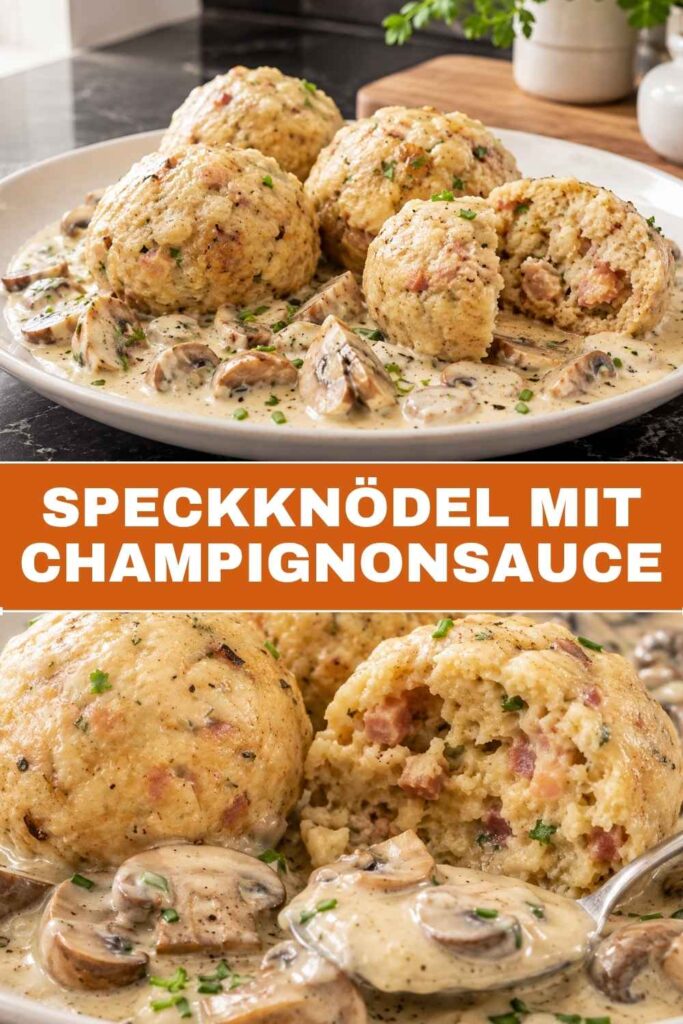Speckknödel mit Champignonsauce, Pinterest-Pin mit Rezepttitel