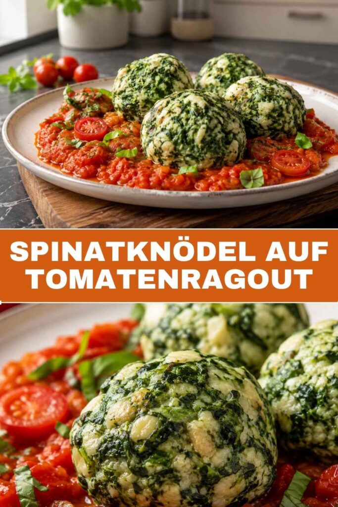 Pinterest-Pin Spinatknödel auf Tomatenragout, Rezept zum Nachkochen