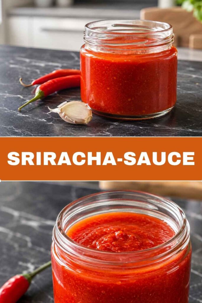 Sriracha-Sauce selber machen: Glasflasche und Nahaufnahme der fermentierten Sauce