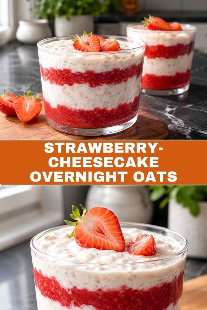 Strawberry-Cheesecake Overnight Oats im Glas, Pinterest-Pin mit Weitwinkel- und Nahaufnahme-Motiv