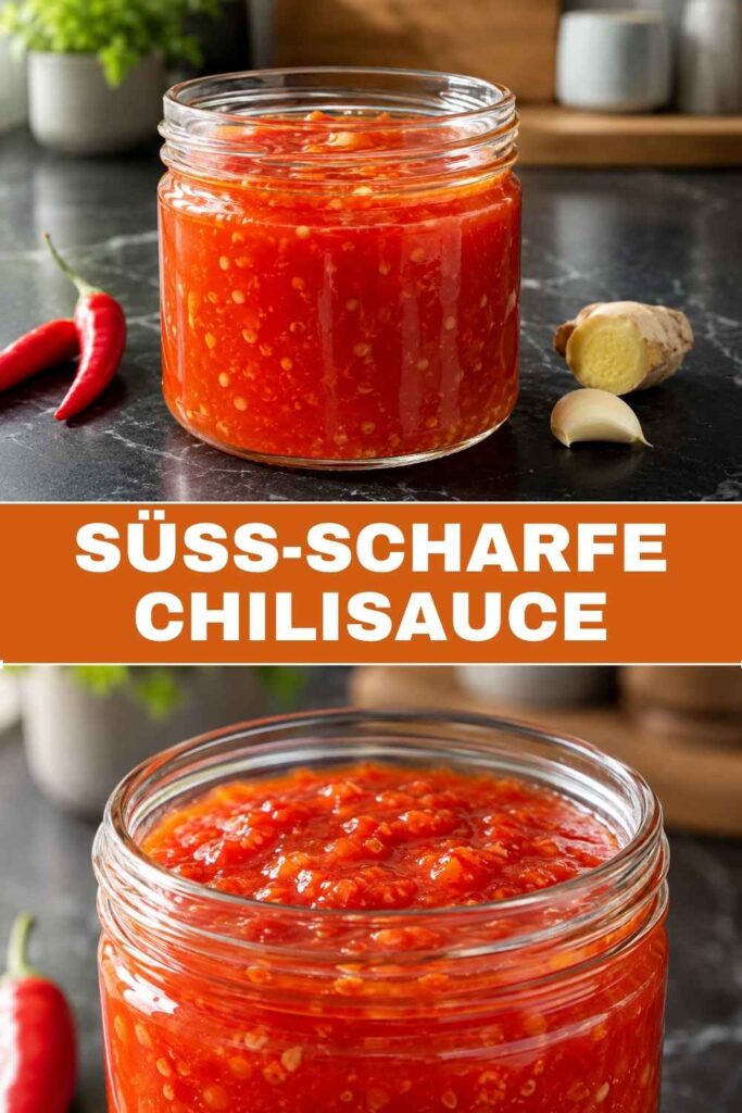 Süß-scharfe Chilisauce selber machen, Rezept mit Peperoni, Ingwer und Reisessig zum Nachkochen