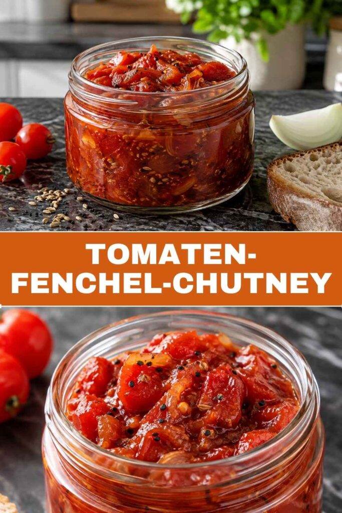 Tomaten-Fenchel-Chutney im Glas und in der Nahaufnahme, Pinterest-Pin