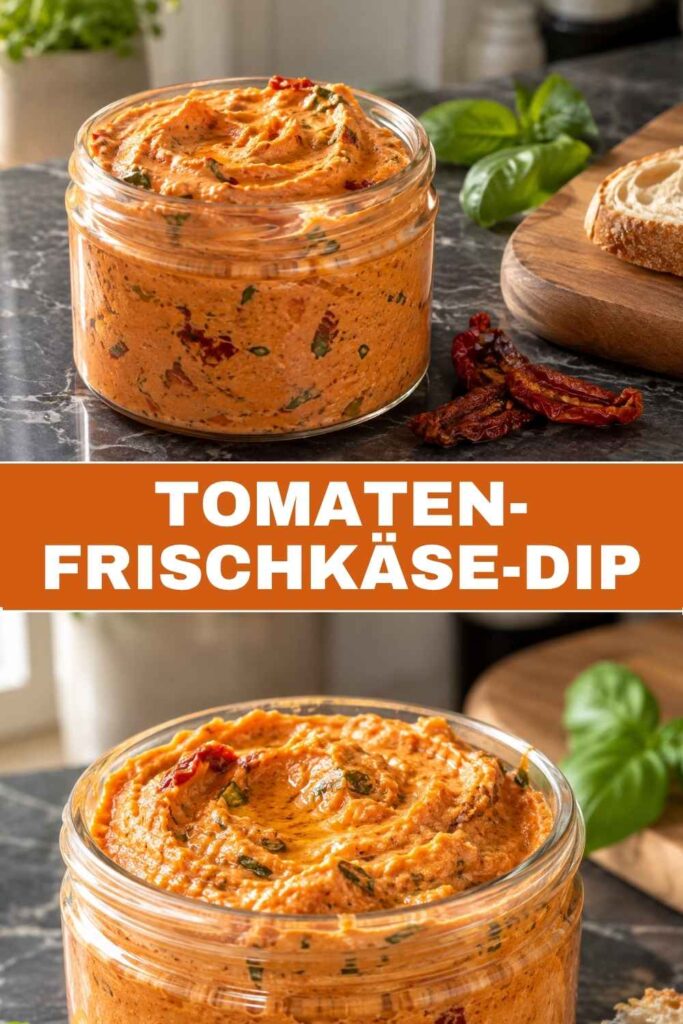Pinterest-Pin für gelingsicheren Tomaten-Frischkäse-Dip, fertig in 10 Minuten