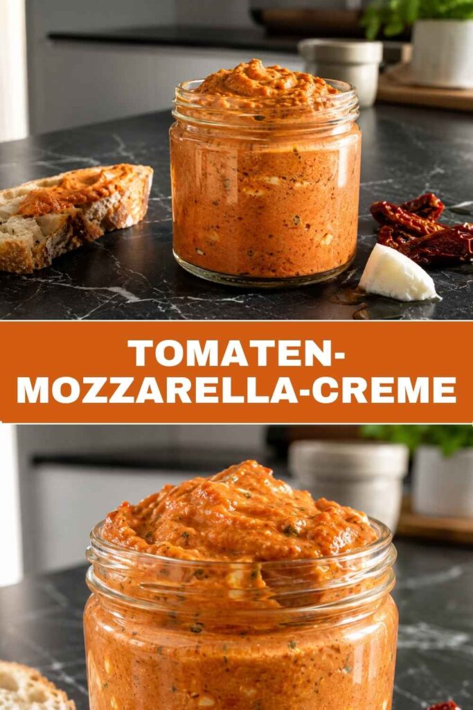 Pinterest-Pin für Tomaten-Mozzarella-Creme, cremiger Dip für die Brotzeit