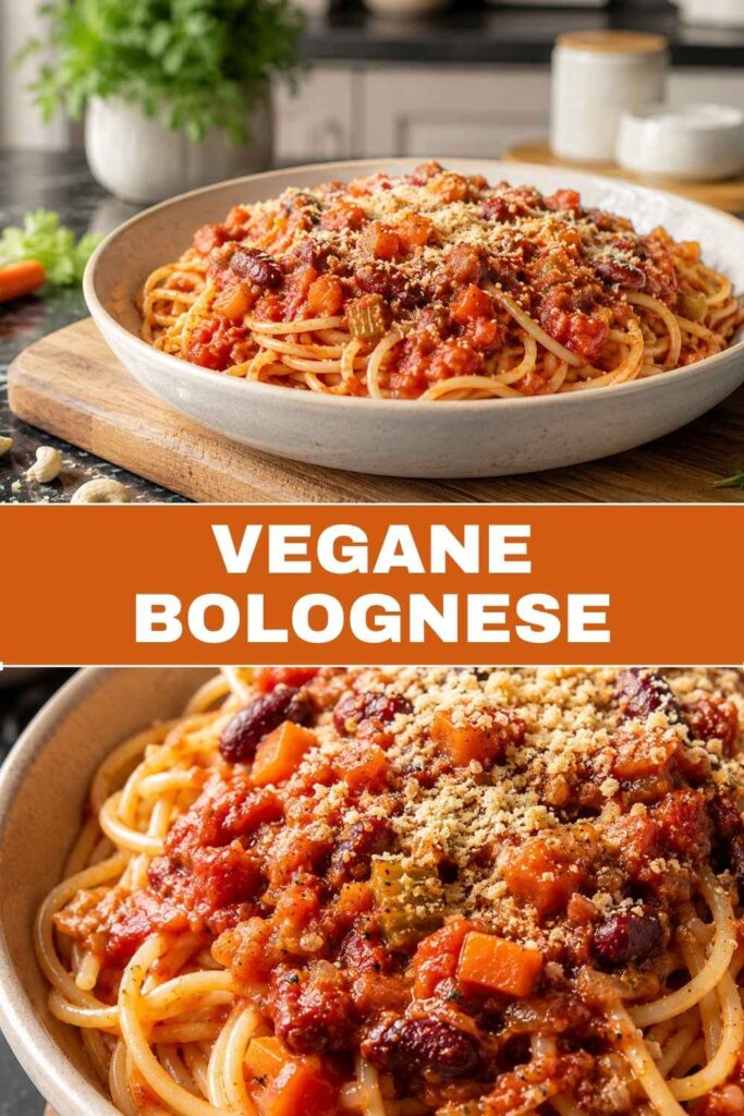 Vegane Bolognese Pin mit Weitwinkel- und Nahaufnahme-Motiv