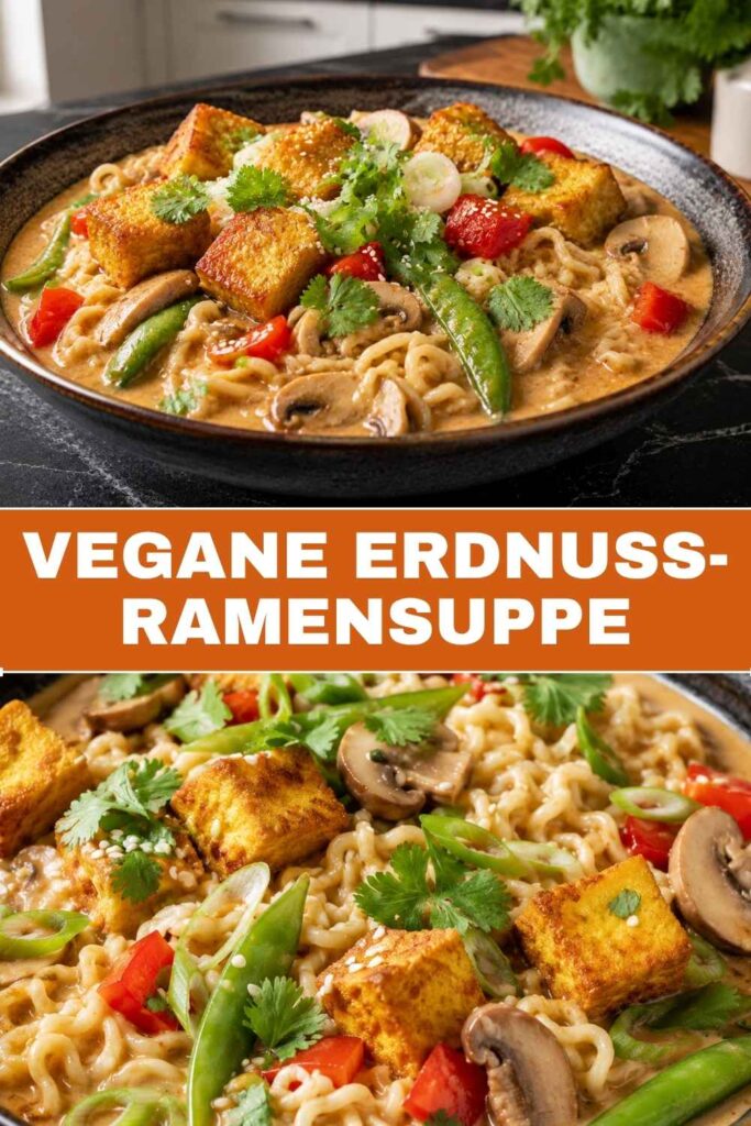 Pinterest-Pin für vegane Erdnuss-Ramensuppe mit Tofu und Mie-Nudeln
