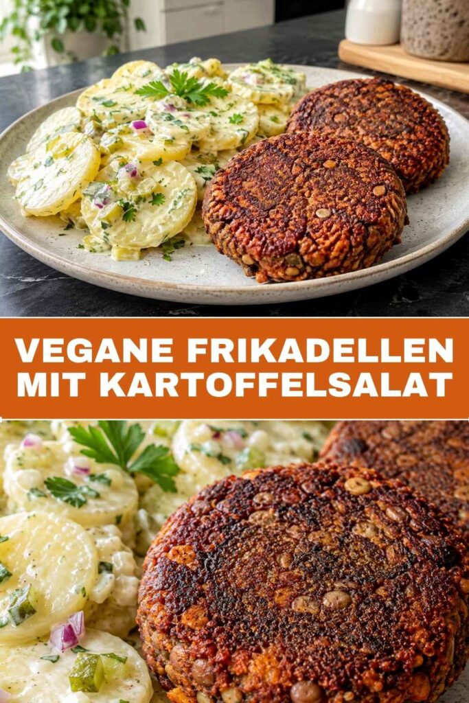 Pinterest-Grafik Vegane Frikadellen mit Kartoffelsalat, herzhaftes veganes Abendessen