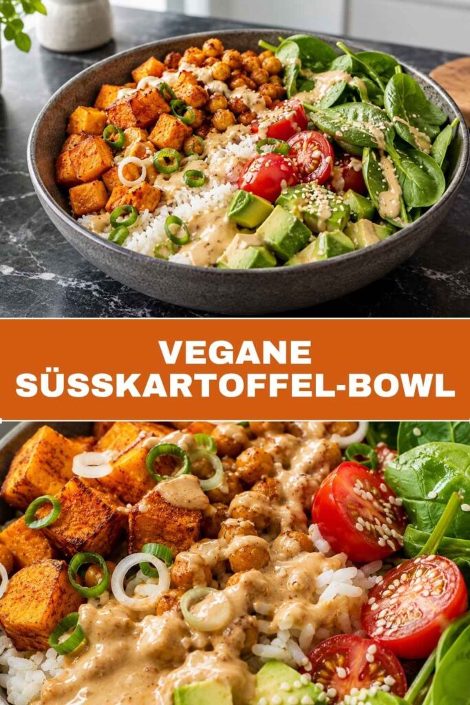 Pinterest-Pin für vegane Süßkartoffel-Bowl mit Tahin-Sauce, Weitwinkel- und Nahaufnahme kombiniert