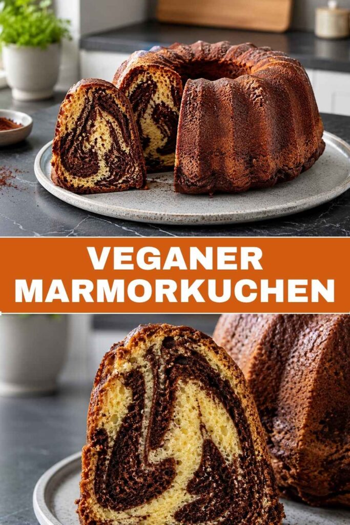Veganer Marmorkuchen Pinterest Pin mit Gesamtansicht und Anschnitt