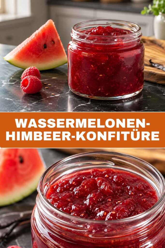 Wassermelonen-Himbeer-Konfitüre 4 Wassermelonen-Himbeer-Konfitüre im Glas und auf Baguette, Pinterest-Pin-Format
