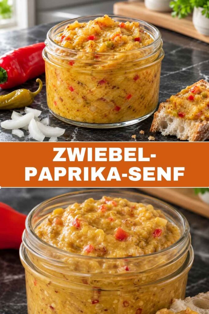 Zwiebel-Paprika-Senf im Glas und in Nahaufnahme, Rezept für selbstgemachten Grillsenf