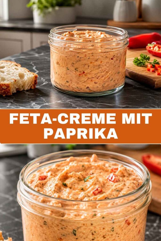 Feta-Creme mit Paprika in Weitwinkel- und Nahaufnahme, Pinterest-Grafik