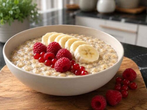 Porridge mit Mandelmilch und Chiasamen mit Himbeeren, Johannisbeeren und Bananenscheiben