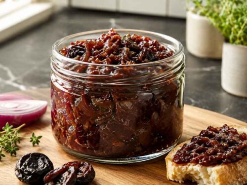 Zwei Gläser Portwein-Zwiebel-Relish mit dunkler, sämiger Konsistenz auf einem rustikalen Holzbrett