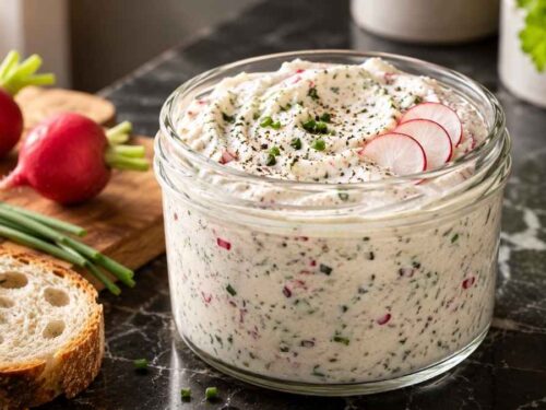 Radieschen-Dip mit Frischkäse in Schüssel, umgeben von Baguette und Gemüsesticks